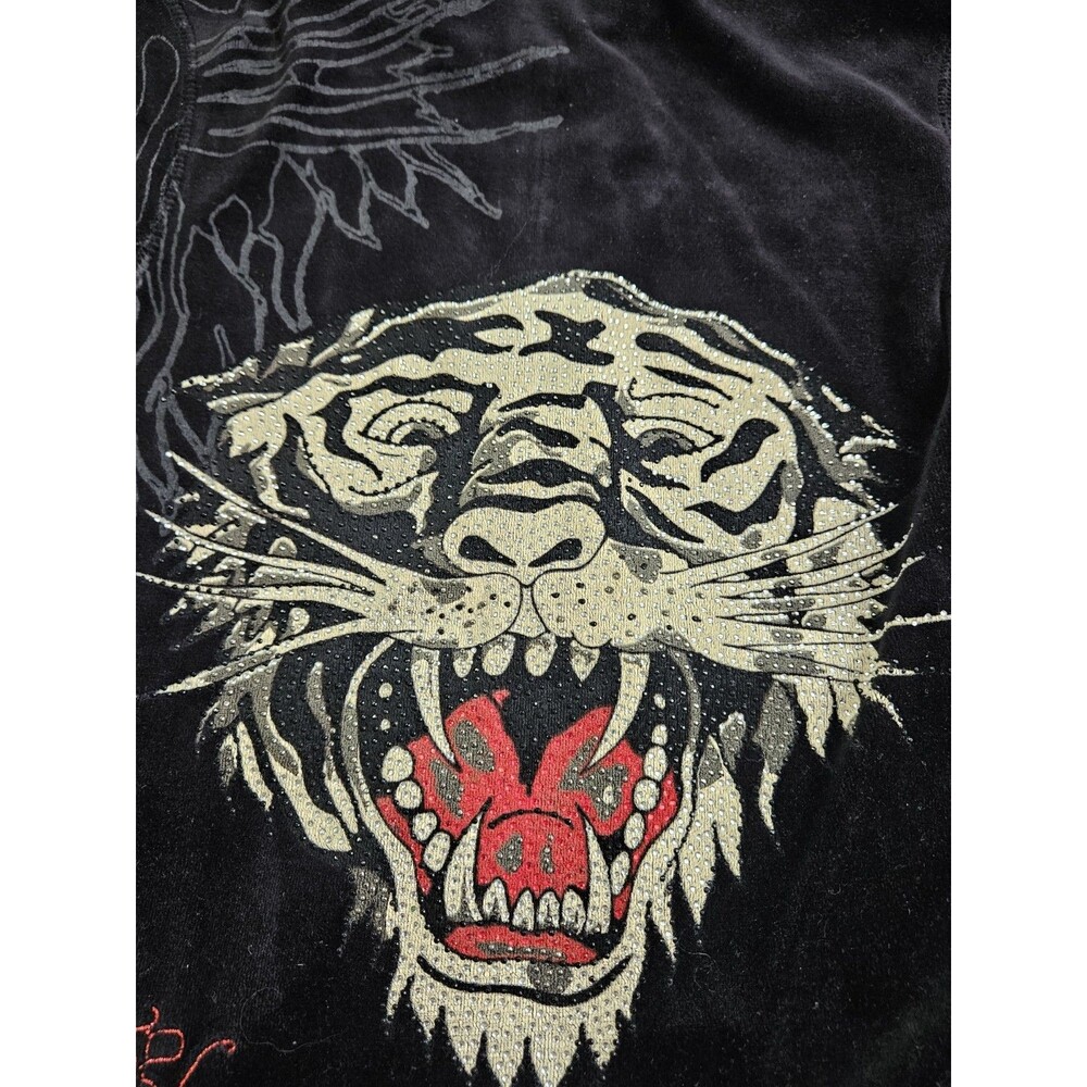 Rare Vtg Ed Hardy Velour Black Christian Audigier Tiger Zip Up Hoodie Sz XS Y2K - Picture 12 of 14